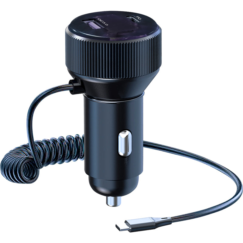 K18A USB+Type-C Dual Port Aluminum Alloy Car Charger with PD 30W Retractable Type-C Cable K18A USB+Type-C Dual Port Aluminum Alloy Car Charger with PD 30W Retractable Type-C Cable